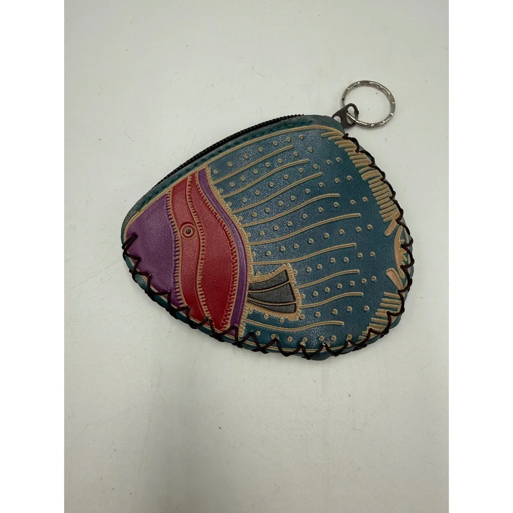 Vintage Handcrafted Leather Tropical Fish Coin‎ Purse Keychain Teal Red Purple